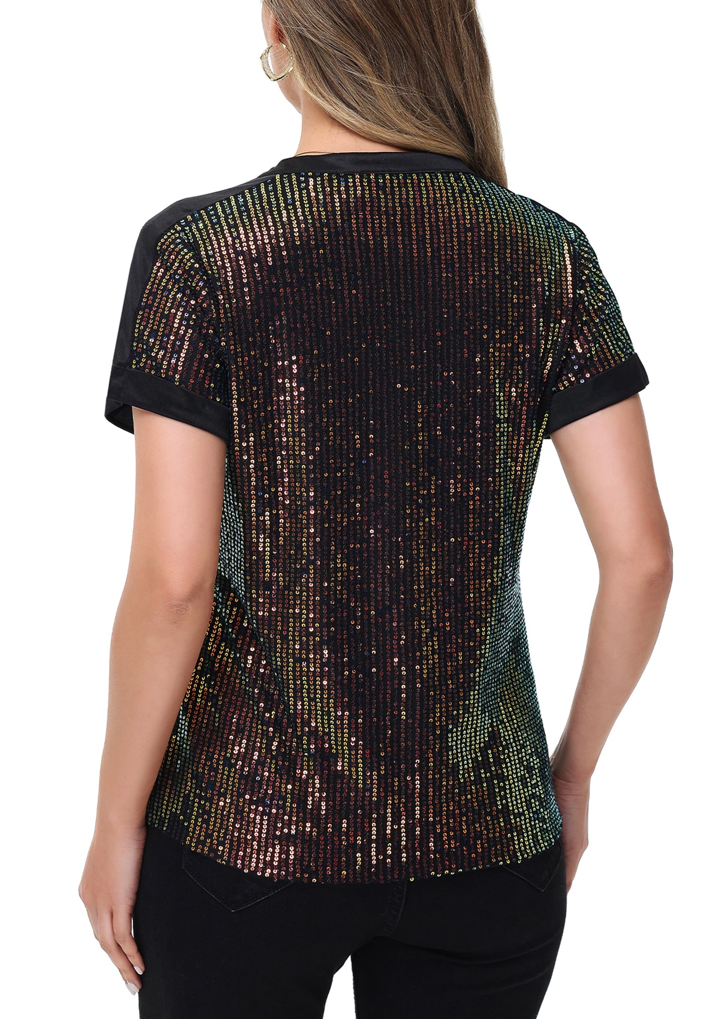 Anna-Kaci Women's Sequin Top Shirt Short Sleeve with Satin V Neckline Glitter Party Tunic Blouse