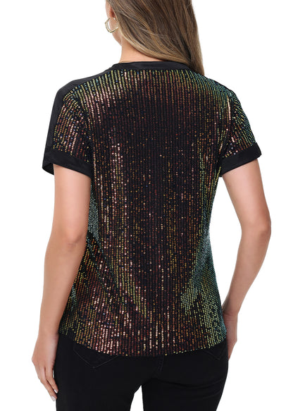 Anna-Kaci Women's Sequin Top Shirt Short Sleeve with Satin V Neckline Glitter Party Tunic Blouse