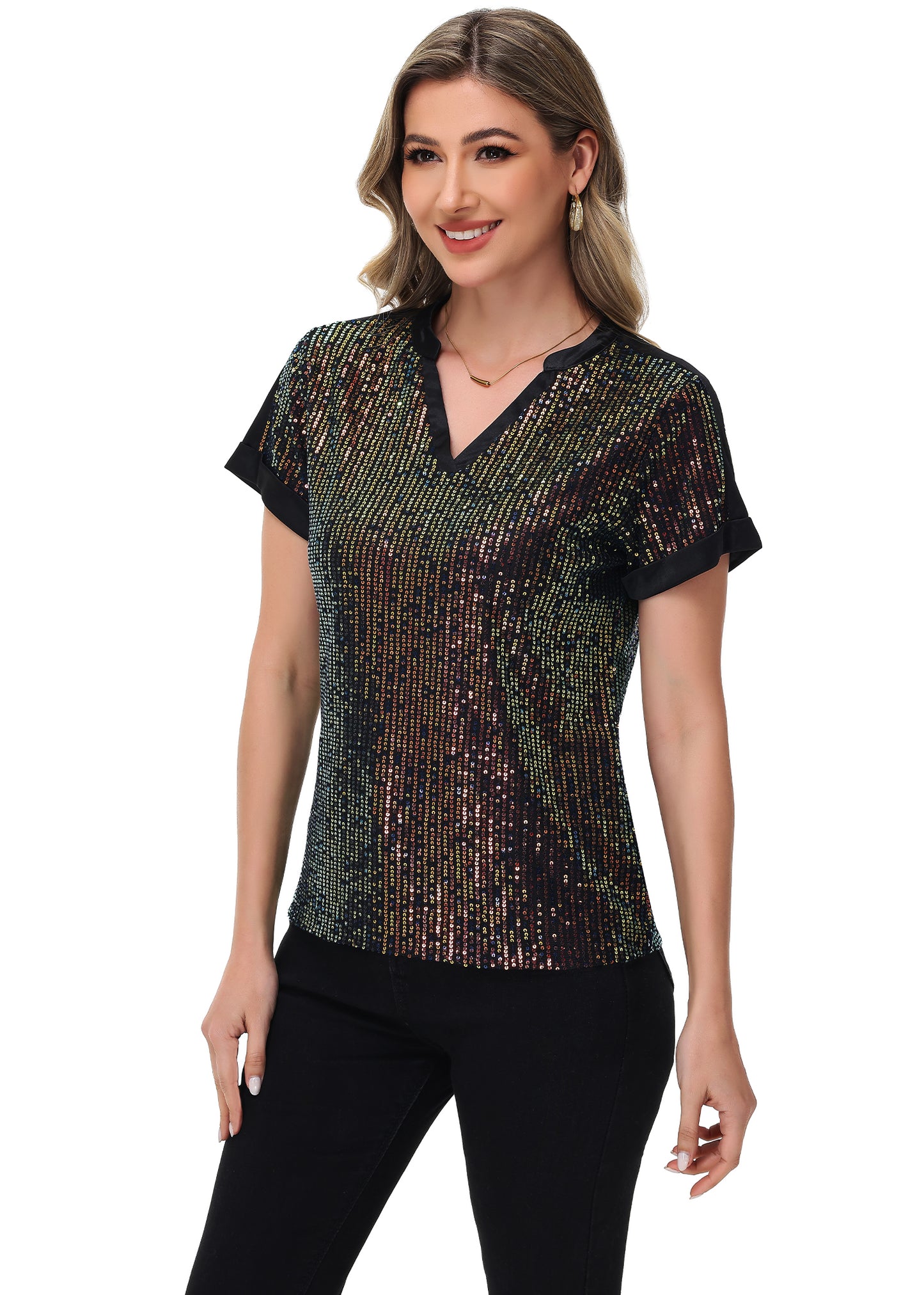 Anna-Kaci Women's Sequin Top Shirt Short Sleeve with Satin V Neckline Glitter Party Tunic Blouse