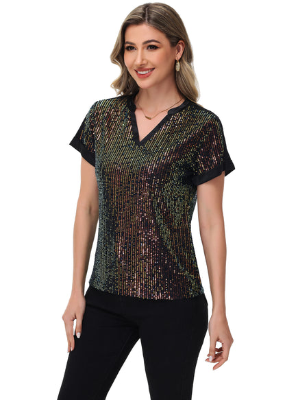 Anna-Kaci Women's Sequin Top Shirt Short Sleeve with Satin V Neckline Glitter Party Tunic Blouse