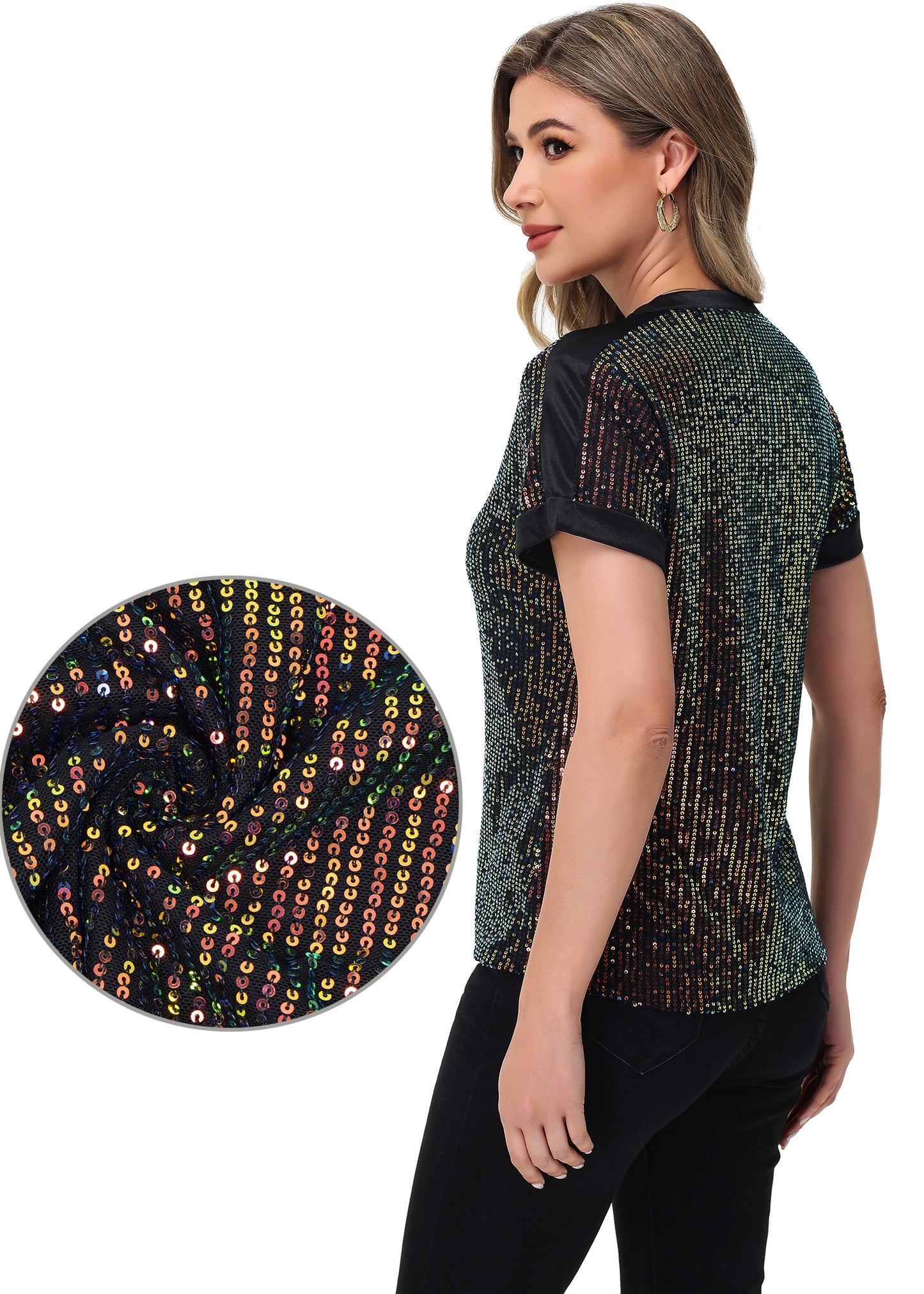 Anna-Kaci Women's Sequin Top Shirt Short Sleeve with Satin V Neckline Glitter Party Tunic Blouse