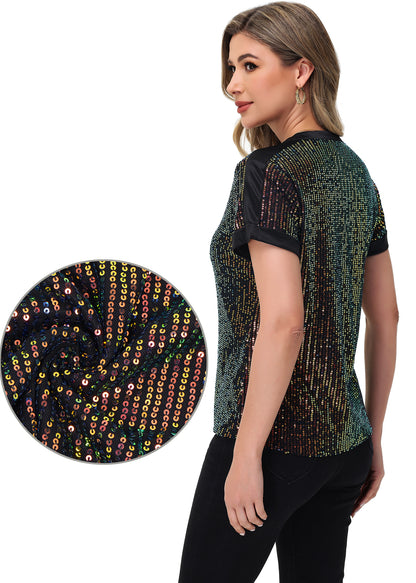 Anna-Kaci Women's Sequin Top Shirt Short Sleeve with Satin V Neckline Glitter Party Tunic Blouse
