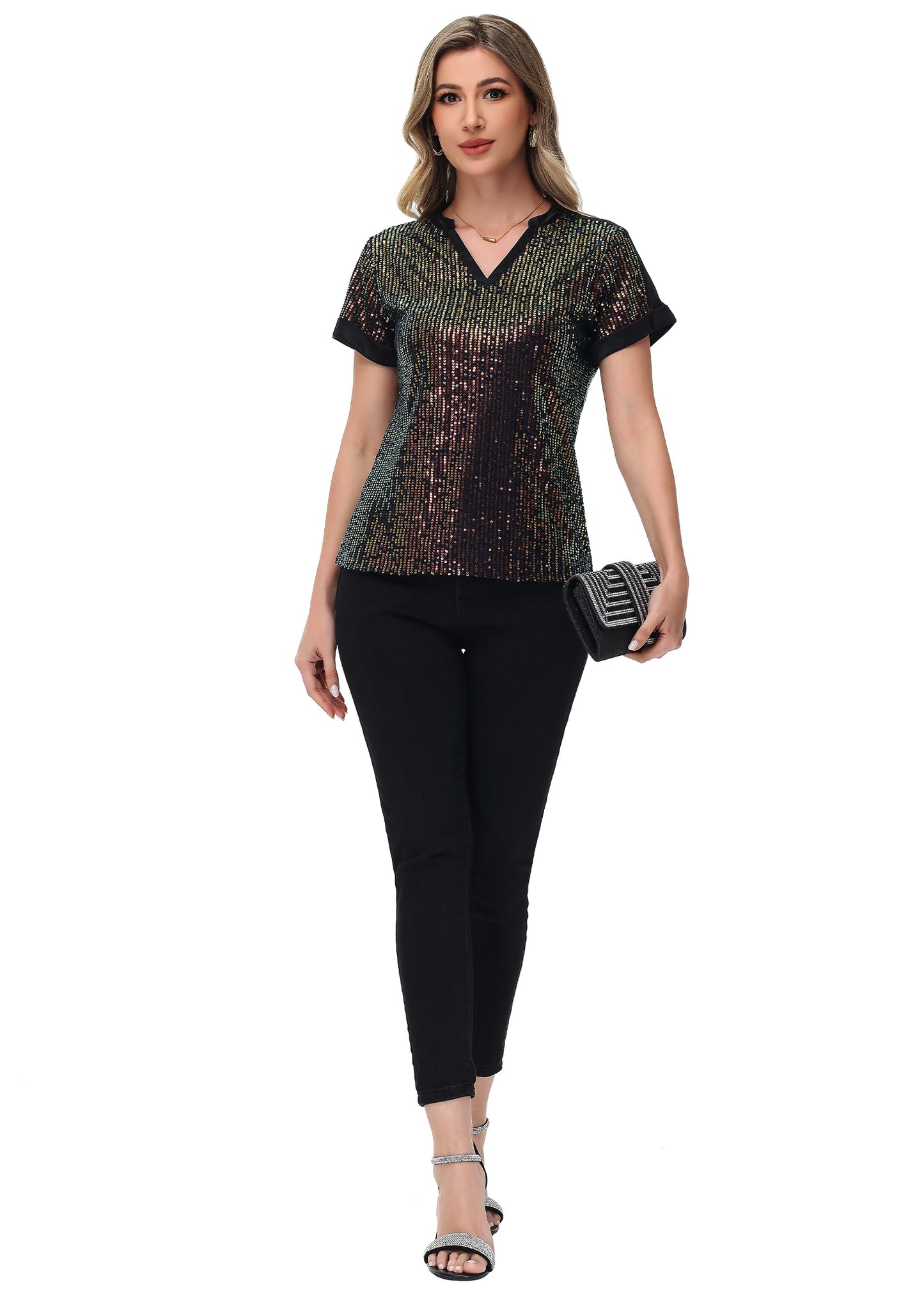 Anna-Kaci Women's Sequin Top Shirt Short Sleeve with Satin V Neckline Glitter Party Tunic Blouse