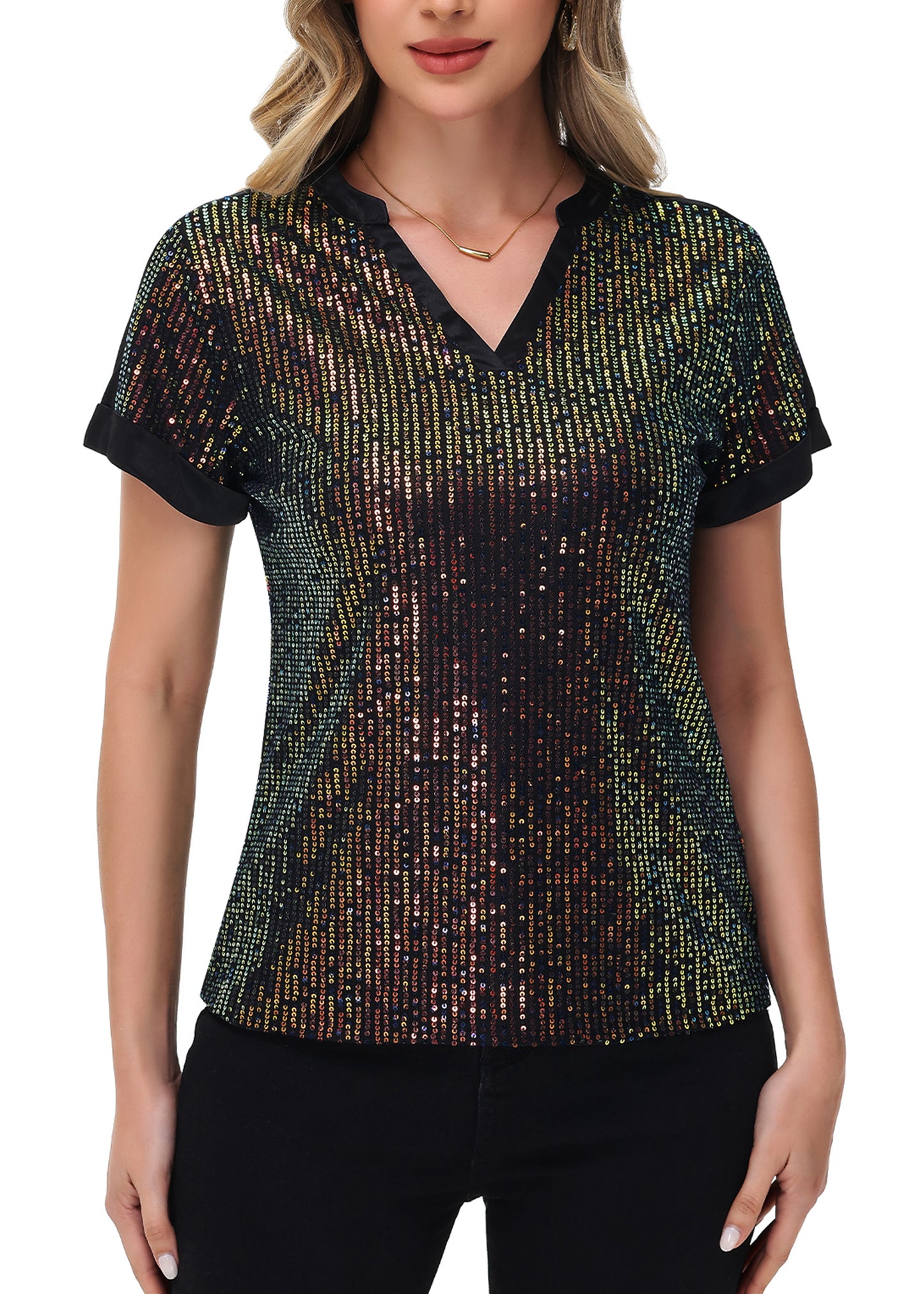 Anna-Kaci Women's Sequin Top Shirt Short Sleeve with Satin V Neckline Glitter Party Tunic Blouse