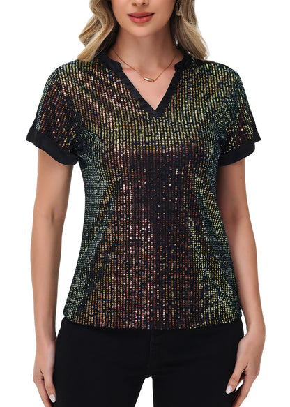 Anna-Kaci Women's Sequin Top Shirt Short Sleeve with Satin V Neckline Glitter Party Tunic Blouse