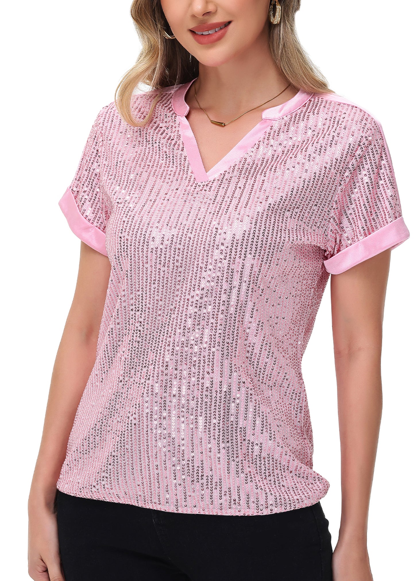 Anna-Kaci Women's Sequin Top Shirt Short Sleeve with Satin V Neckline Glitter Party Tunic Blouse