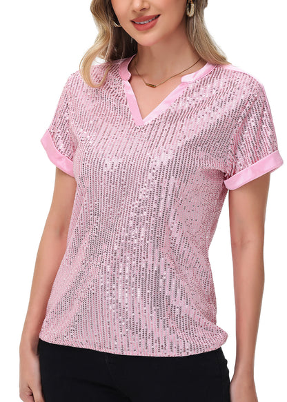 Anna-Kaci Women's Sequin Top Shirt Short Sleeve with Satin V Neckline Glitter Party Tunic Blouse