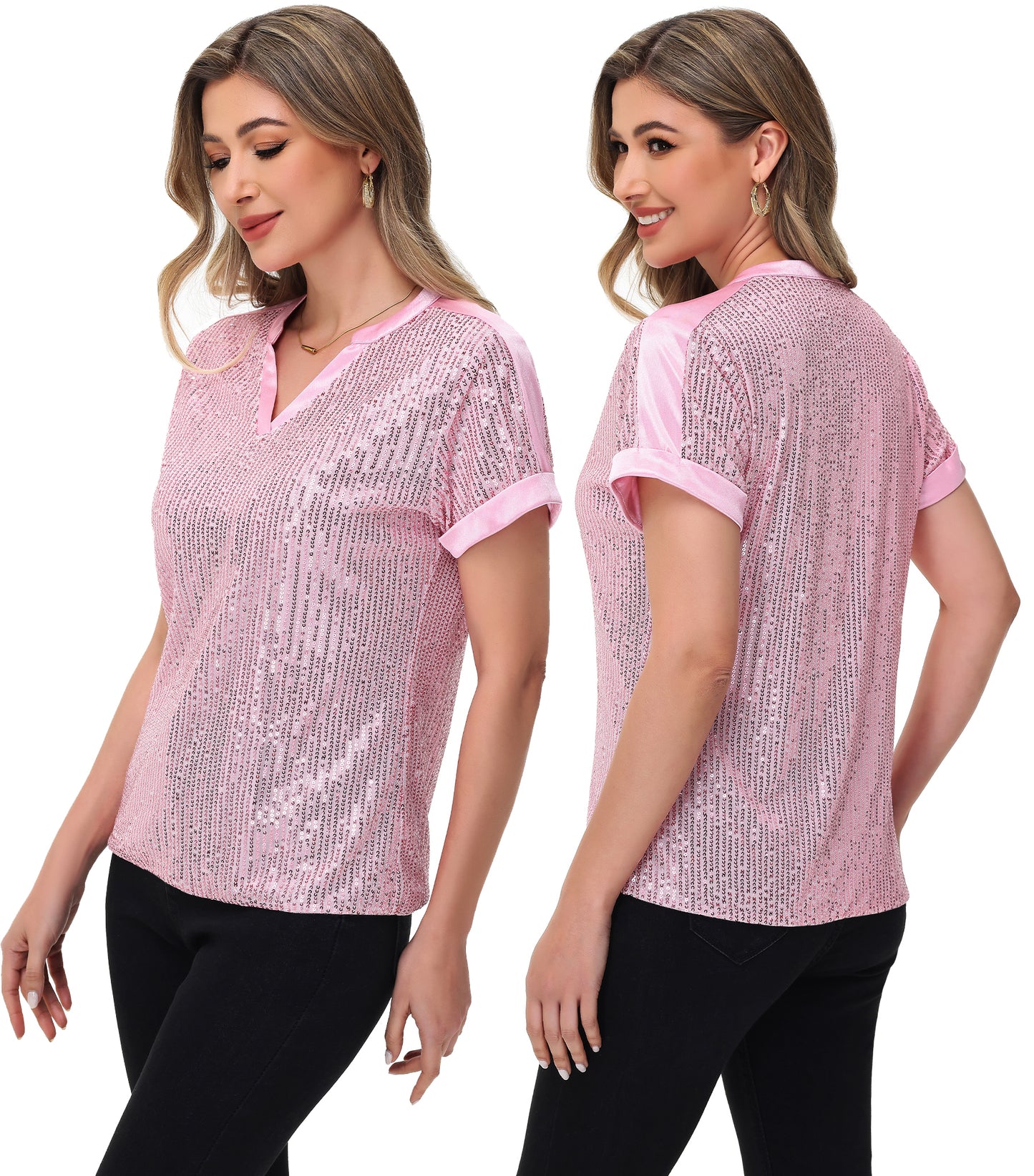 Anna-Kaci Women's Sequin Top Shirt Short Sleeve with Satin V Neckline Glitter Party Tunic Blouse