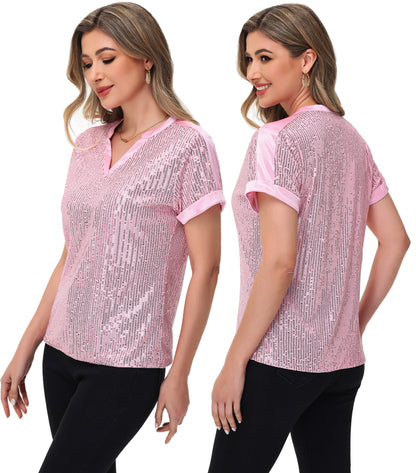 Anna-Kaci Women's Sequin Top Shirt Short Sleeve with Satin V Neckline Glitter Party Tunic Blouse