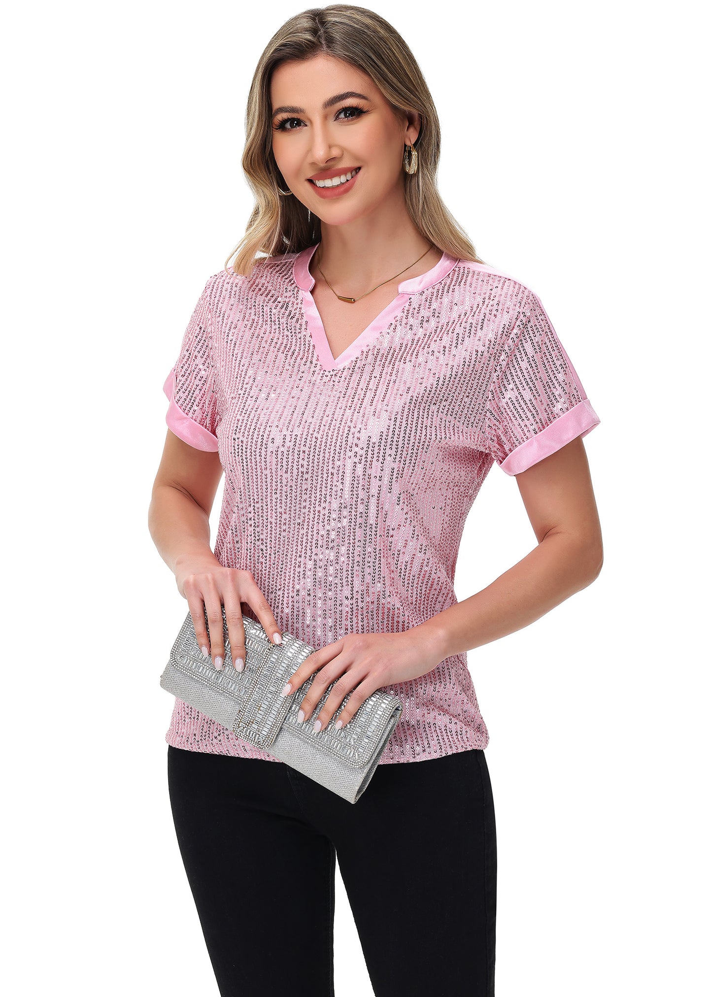 Anna-Kaci Women's Sequin Top Shirt Short Sleeve with Satin V Neckline Glitter Party Tunic Blouse