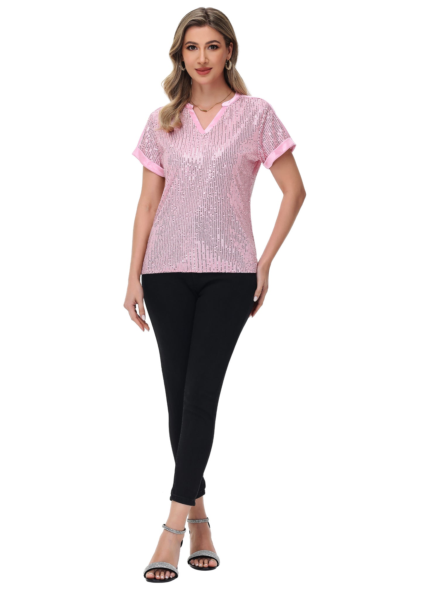 Anna-Kaci Women's Sequin Top Shirt Short Sleeve with Satin V Neckline Glitter Party Tunic Blouse