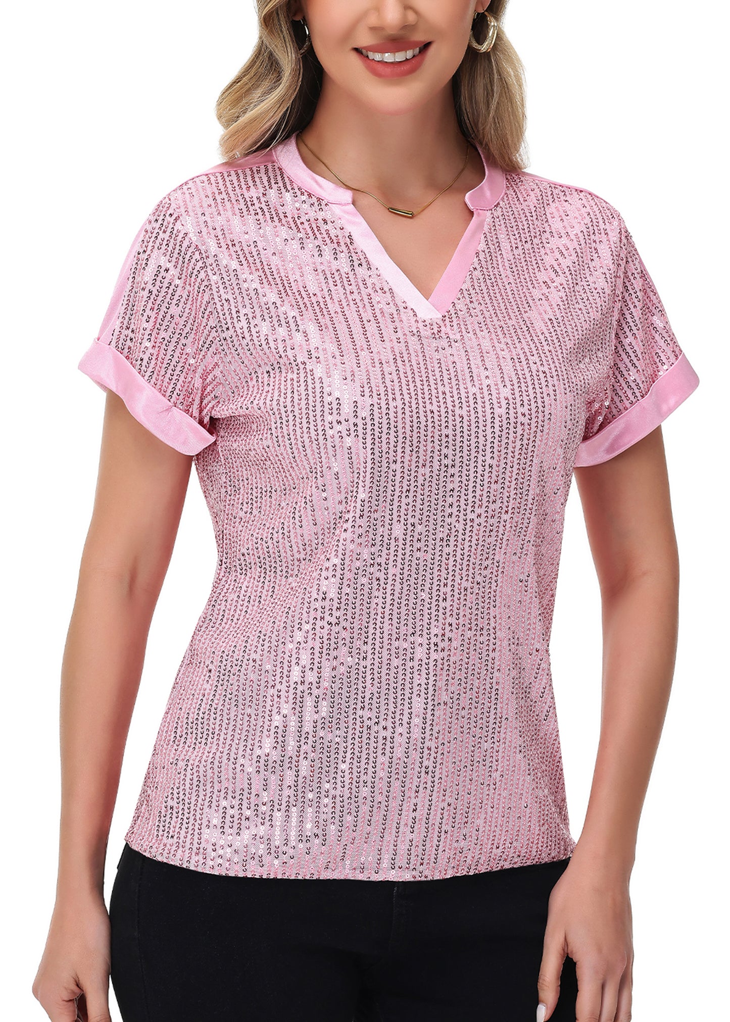 Anna-Kaci Women's Sequin Top Shirt Short Sleeve with Satin V Neckline Glitter Party Tunic Blouse