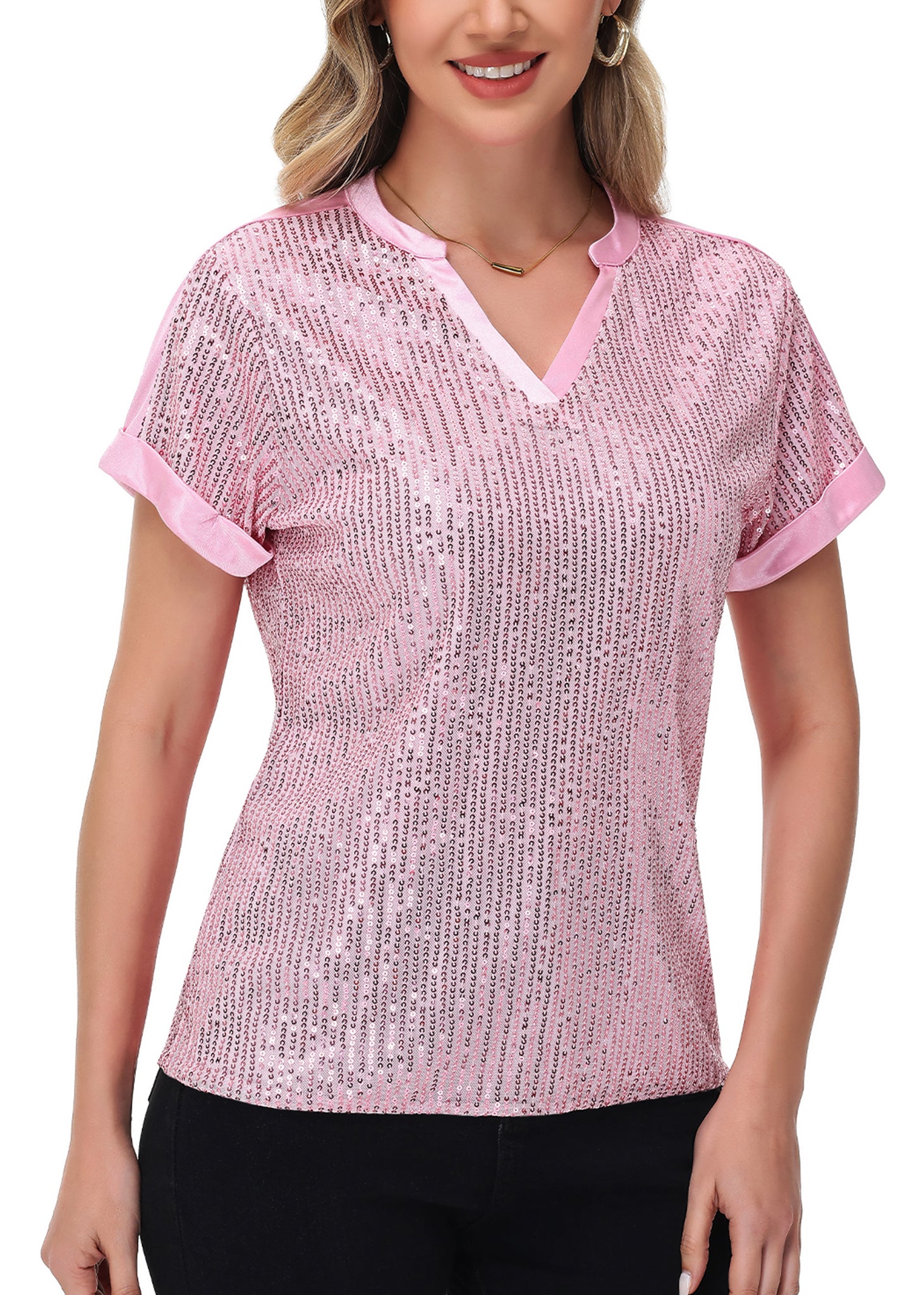 Anna-Kaci Women's Sequin Top Shirt Short Sleeve with Satin V Neckline Glitter Party Tunic Blouse