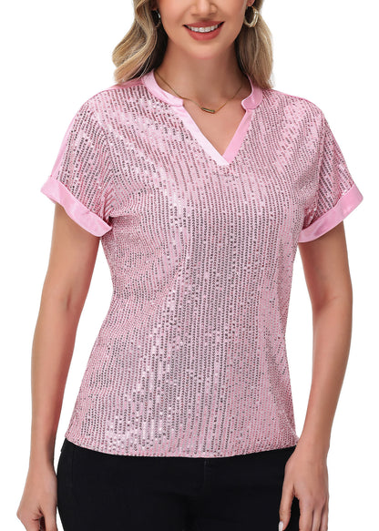 Anna-Kaci Women's Sequin Top Shirt Short Sleeve with Satin V Neckline Glitter Party Tunic Blouse