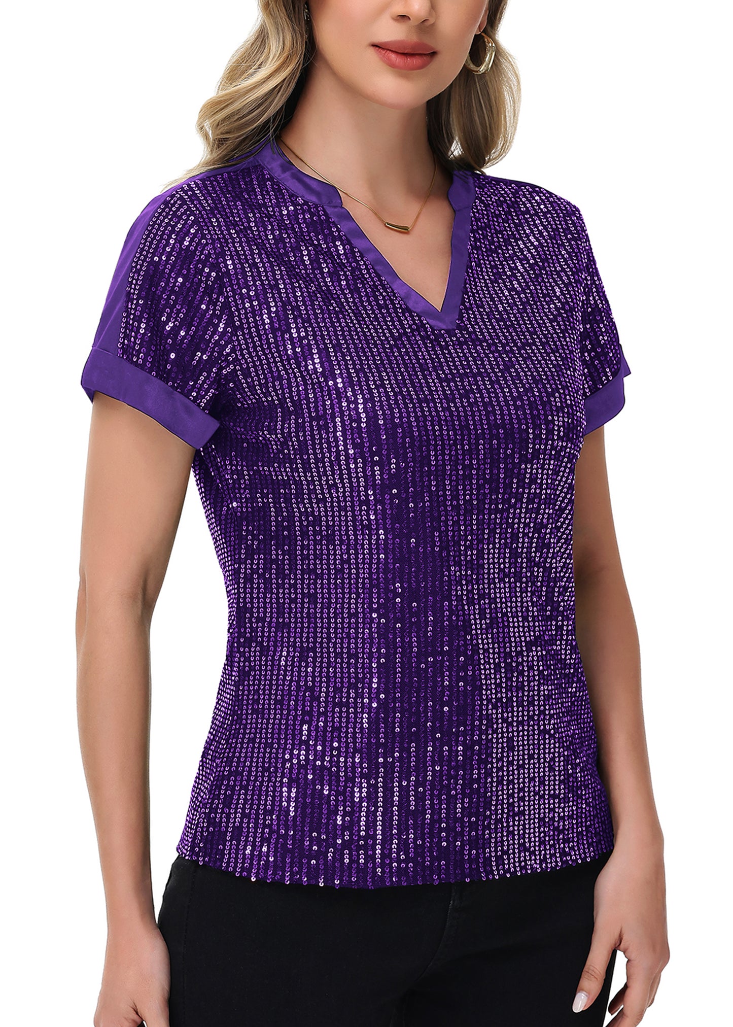 Anna-Kaci Women's Sequin Top Shirt Short Sleeve with Satin V Neckline Glitter Party Tunic Blouse