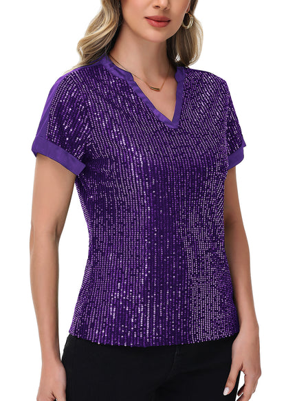 Anna-Kaci Women's Sequin Top Shirt Short Sleeve with Satin V Neckline Glitter Party Tunic Blouse