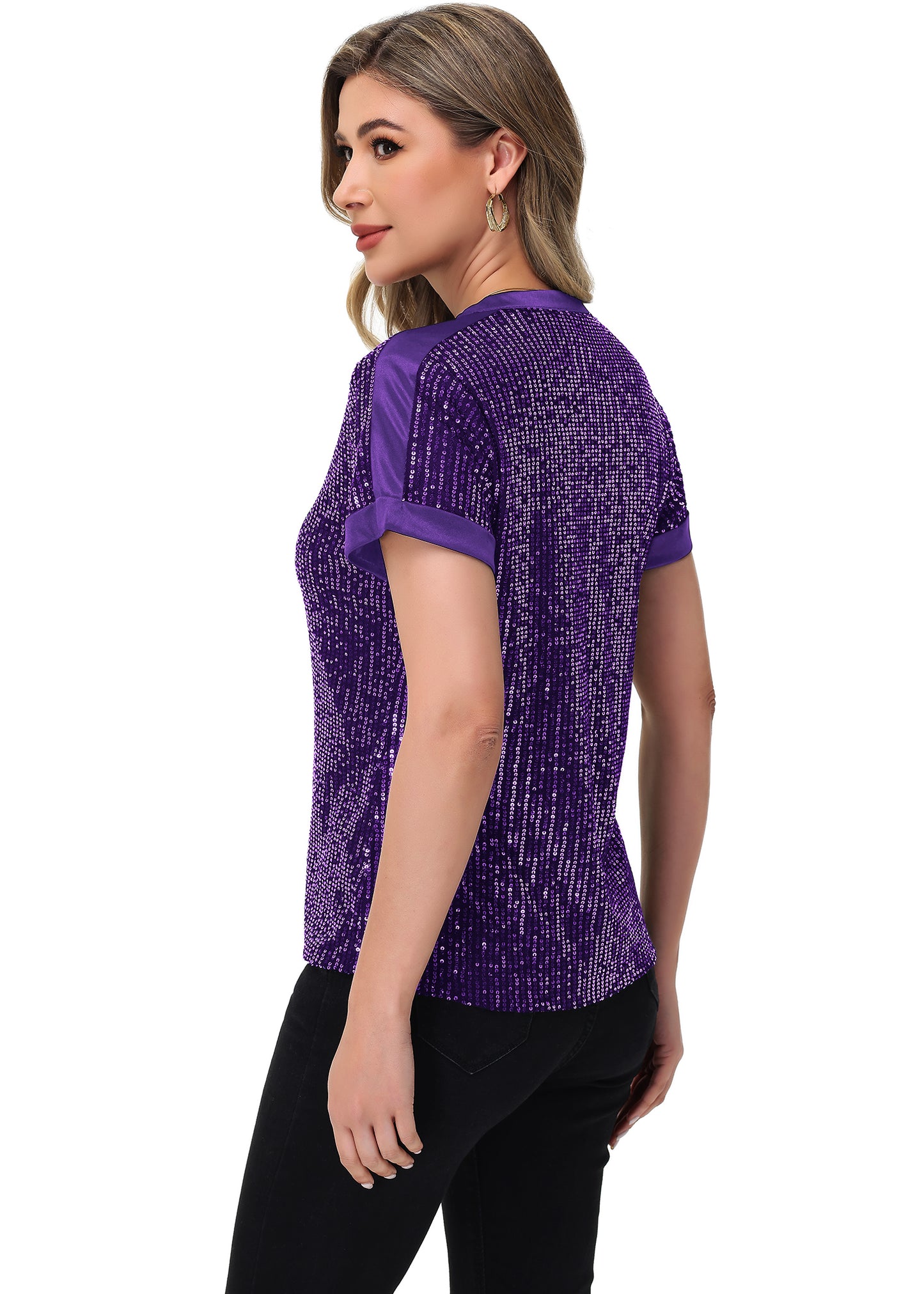 Anna-Kaci Women's Sequin Top Shirt Short Sleeve with Satin V Neckline Glitter Party Tunic Blouse