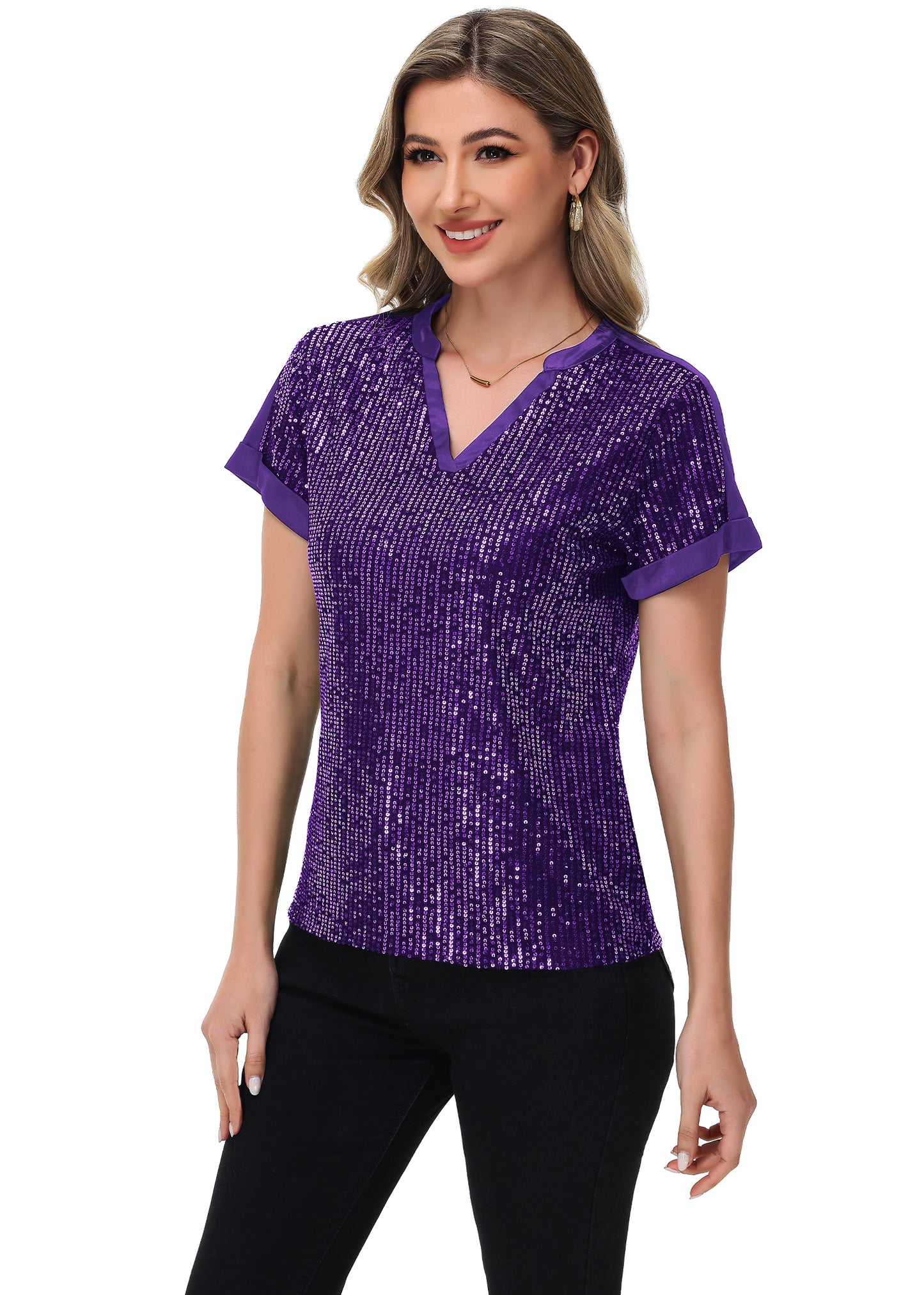 Anna-Kaci Women's Sequin Top Shirt Short Sleeve with Satin V Neckline Glitter Party Tunic Blouse
