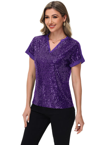 Anna-Kaci Women's Sequin Top Shirt Short Sleeve with Satin V Neckline Glitter Party Tunic Blouse