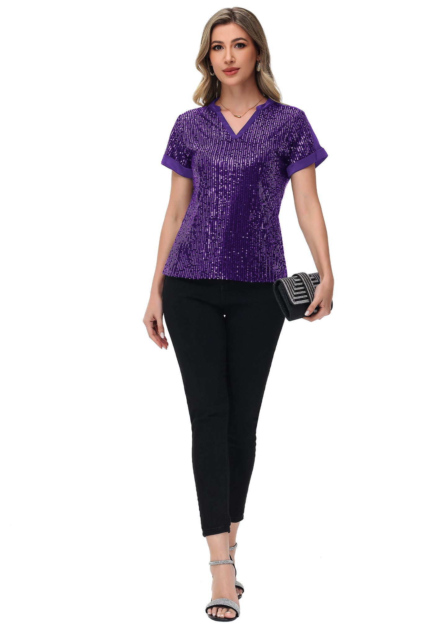 Anna-Kaci Women's Sequin Top Shirt Short Sleeve with Satin V Neckline Glitter Party Tunic Blouse