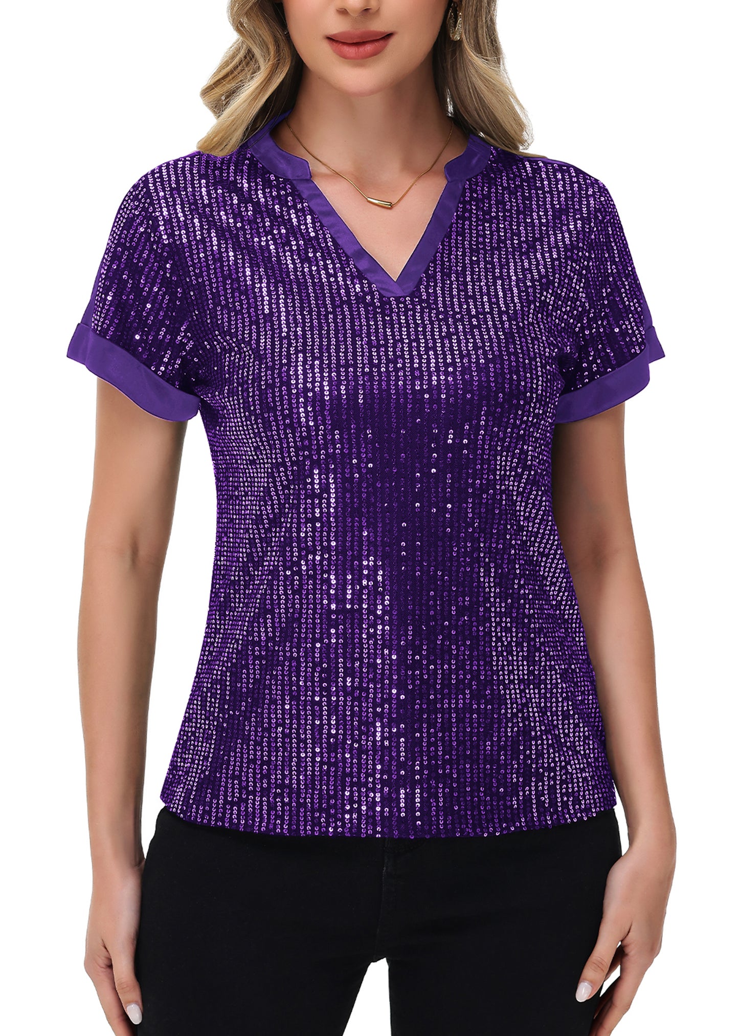 Anna-Kaci Women's Sequin Top Shirt Short Sleeve with Satin V Neckline Glitter Party Tunic Blouse
