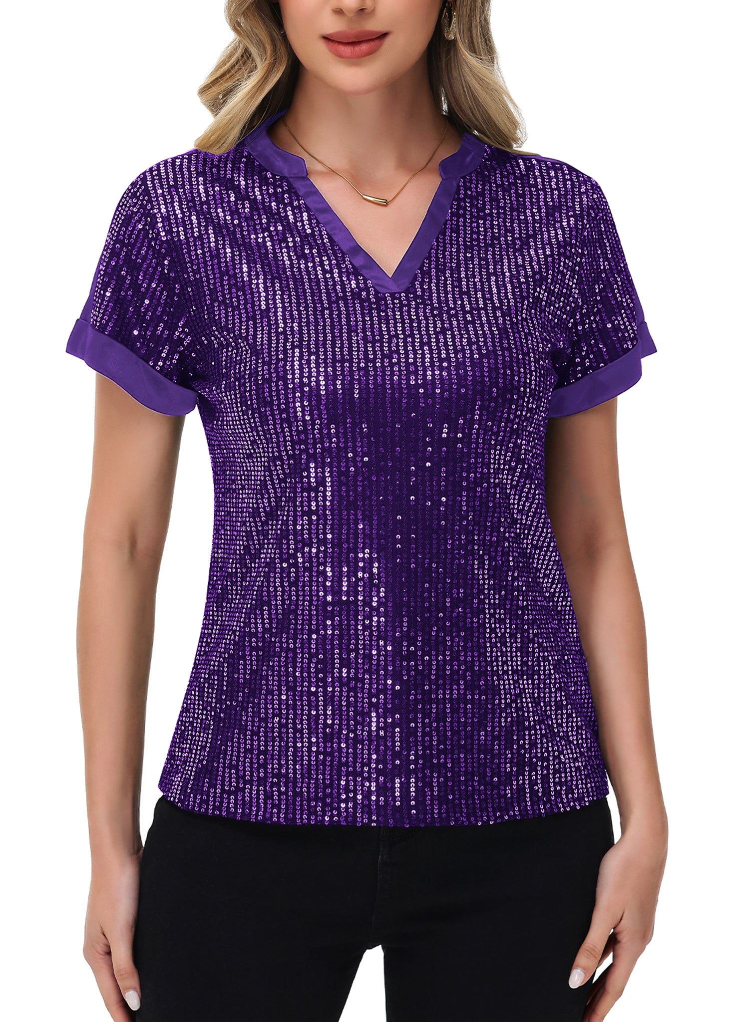 Anna-Kaci Women's Sequin Top Shirt Short Sleeve with Satin V Neckline Glitter Party Tunic Blouse