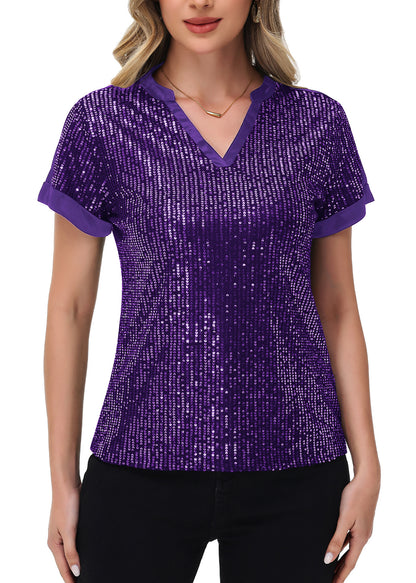 Anna-Kaci Women's Sequin Top Shirt Short Sleeve with Satin V Neckline Glitter Party Tunic Blouse