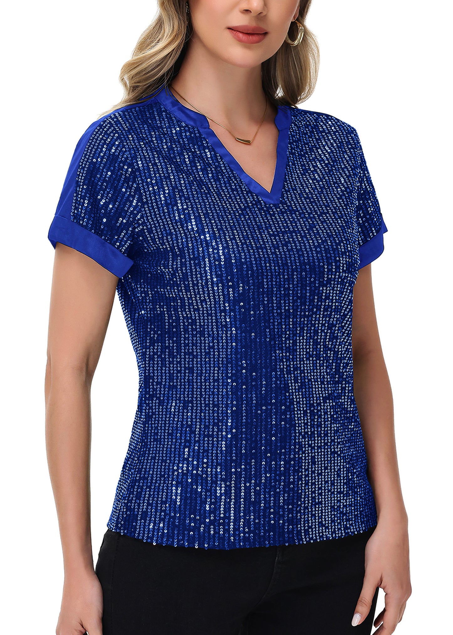 Anna-Kaci Women's Sequin Top Shirt Short Sleeve with Satin V Neckline Glitter Party Tunic Blouse
