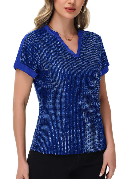 Anna-Kaci Women's Sequin Top Shirt Short Sleeve with Satin V Neckline Glitter Party Tunic Blouse