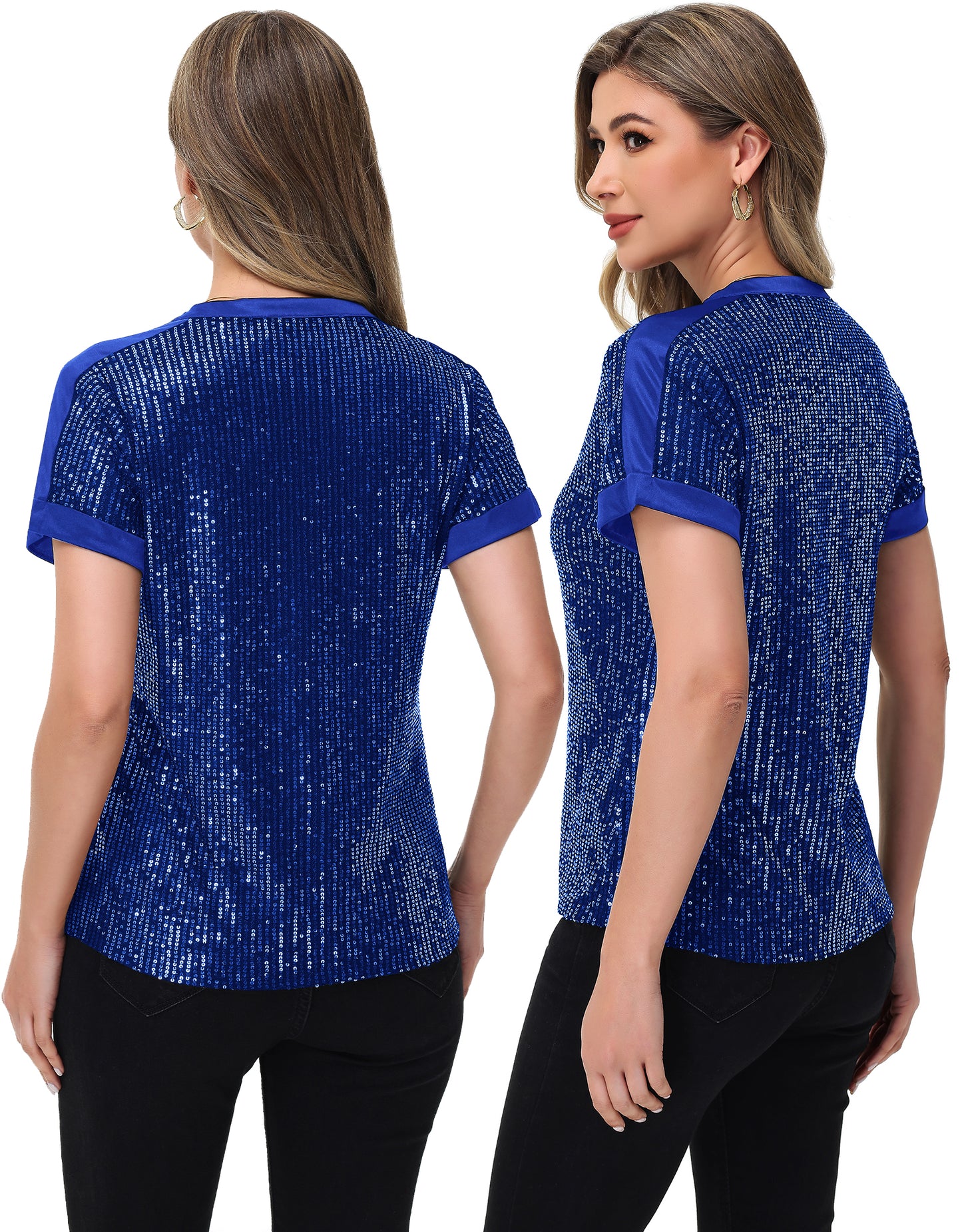 Anna-Kaci Women's Sequin Top Shirt Short Sleeve with Satin V Neckline Glitter Party Tunic Blouse