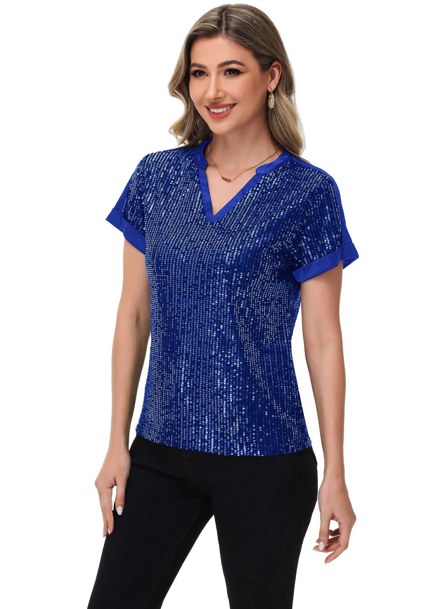 Anna-Kaci Women's Sequin Top Shirt Short Sleeve with Satin V Neckline Glitter Party Tunic Blouse