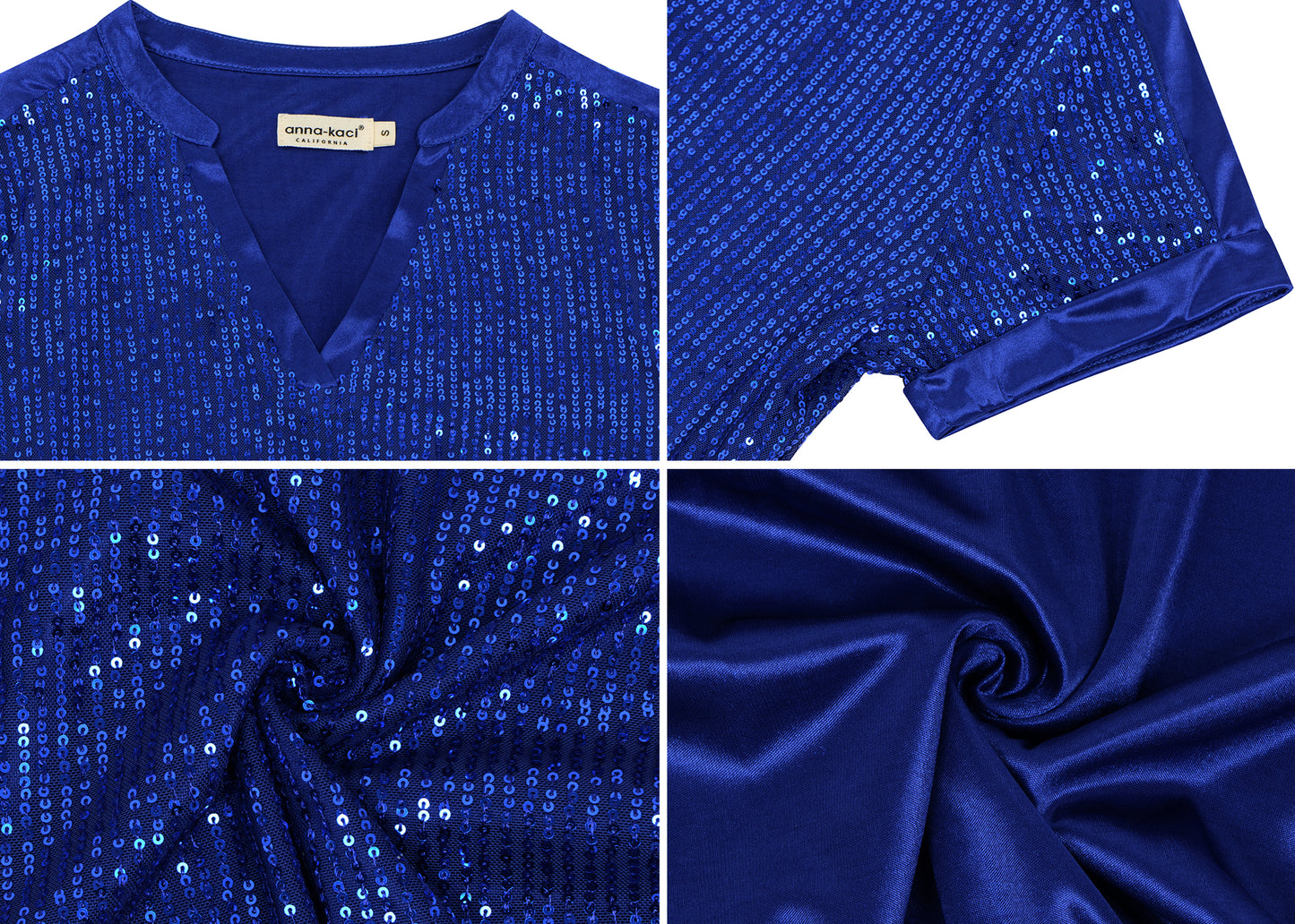 Anna-Kaci Women's Sequin Top Shirt Short Sleeve with Satin V Neckline Glitter Party Tunic Blouse