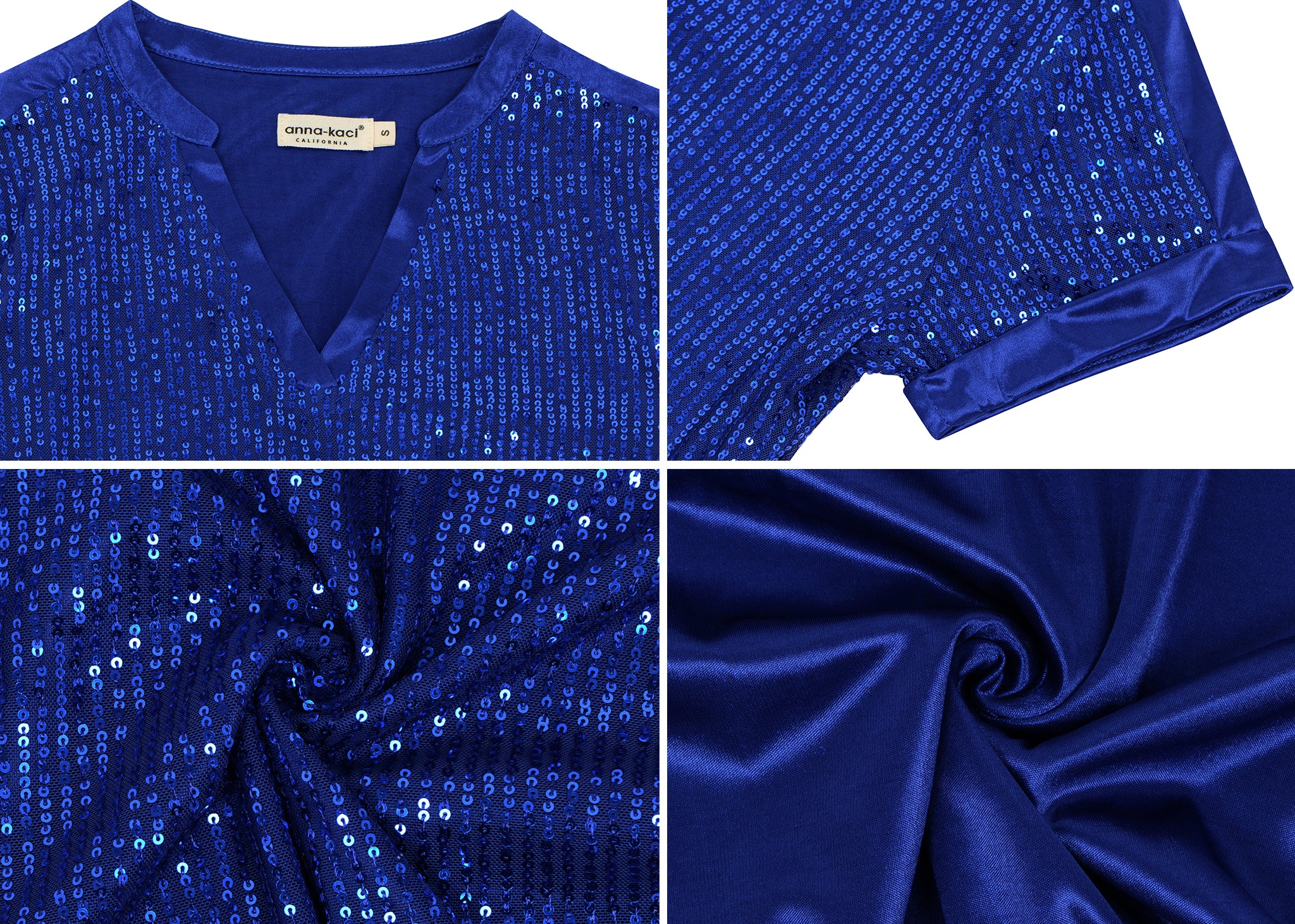 Anna-Kaci Women's Sequin Top Shirt Short Sleeve with Satin V Neckline Glitter Party Tunic Blouse