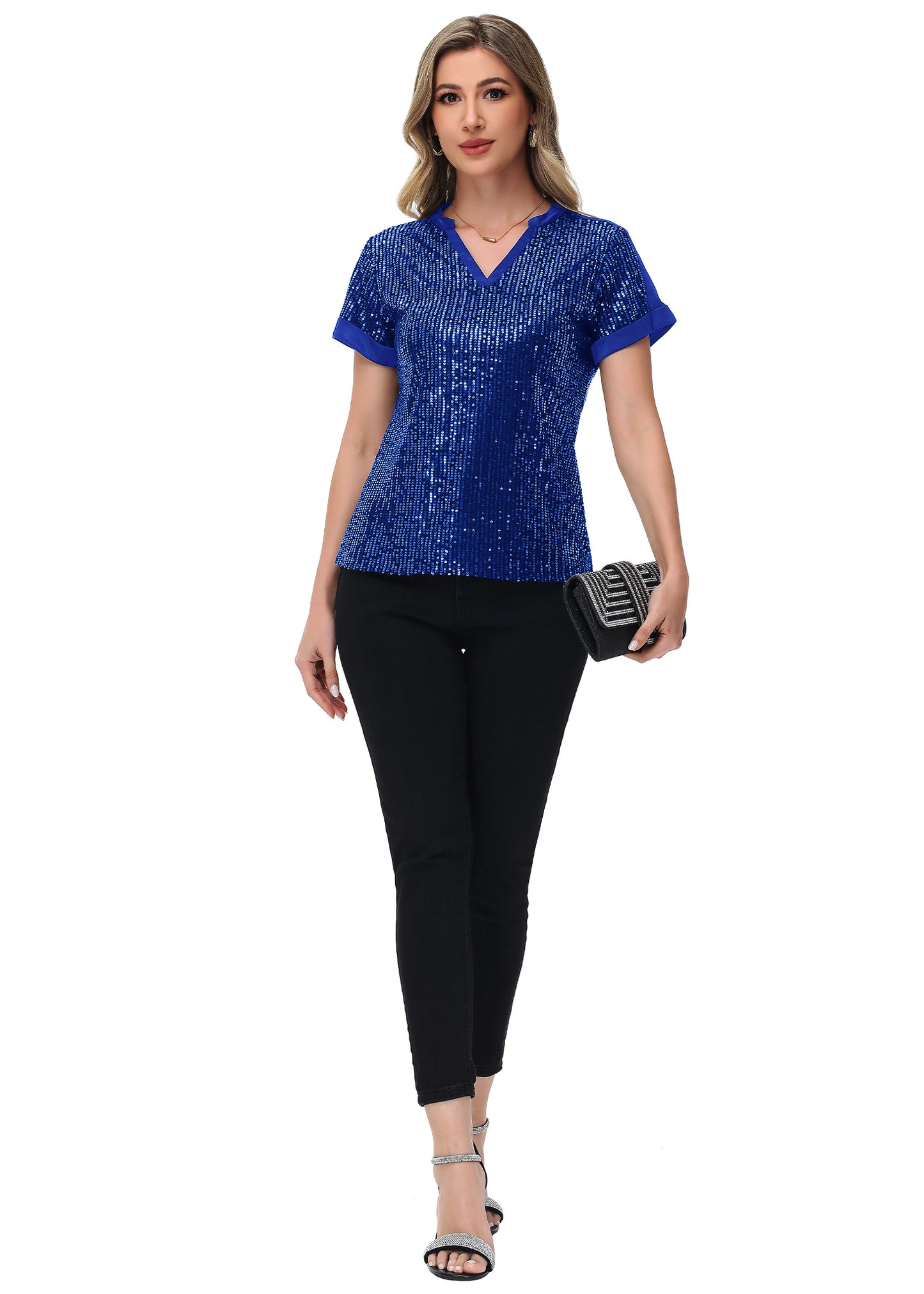 Anna-Kaci Women's Sequin Top Shirt Short Sleeve with Satin V Neckline Glitter Party Tunic Blouse