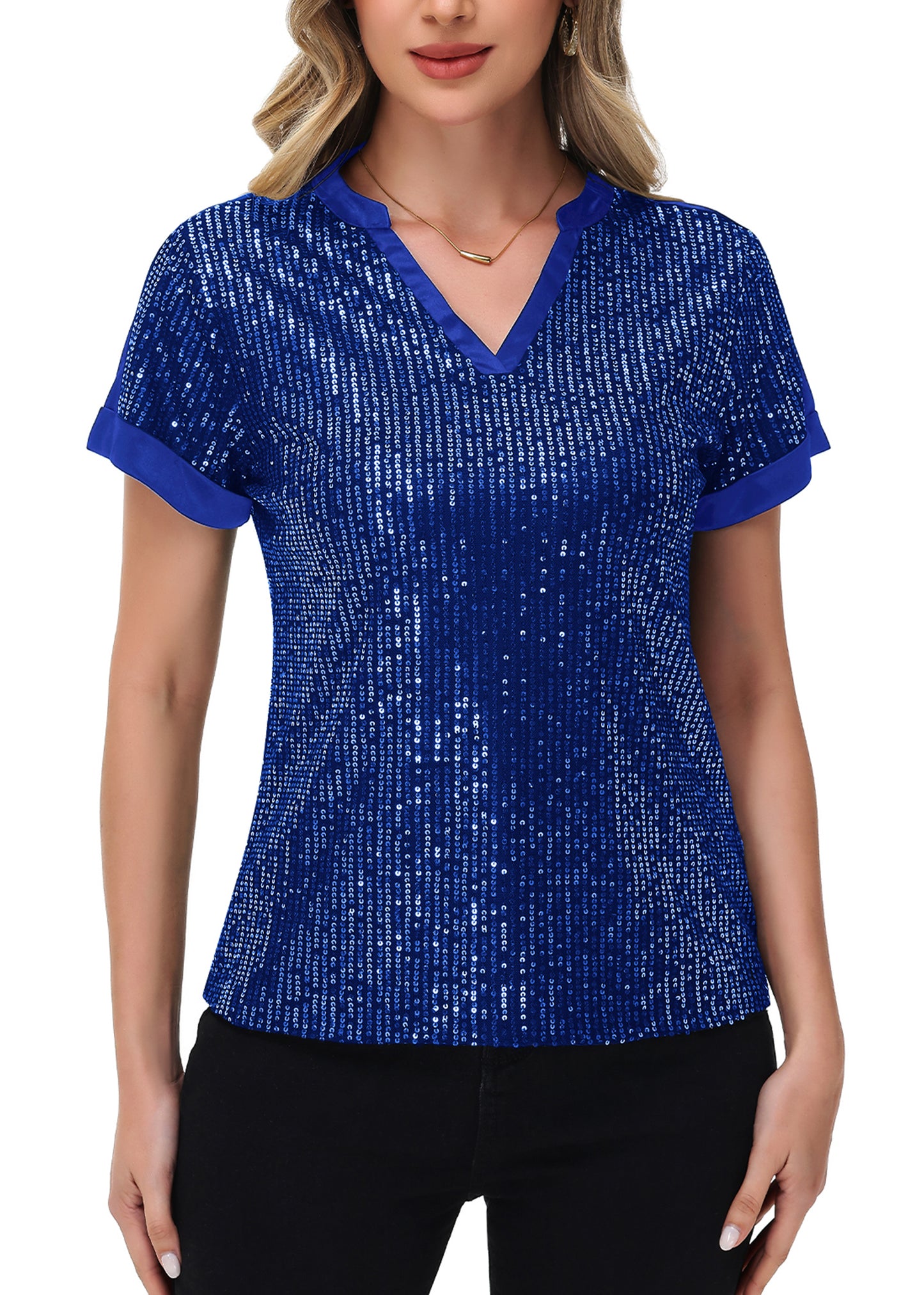 Anna-Kaci Women's Sequin Top Shirt Short Sleeve with Satin V Neckline Glitter Party Tunic Blouse