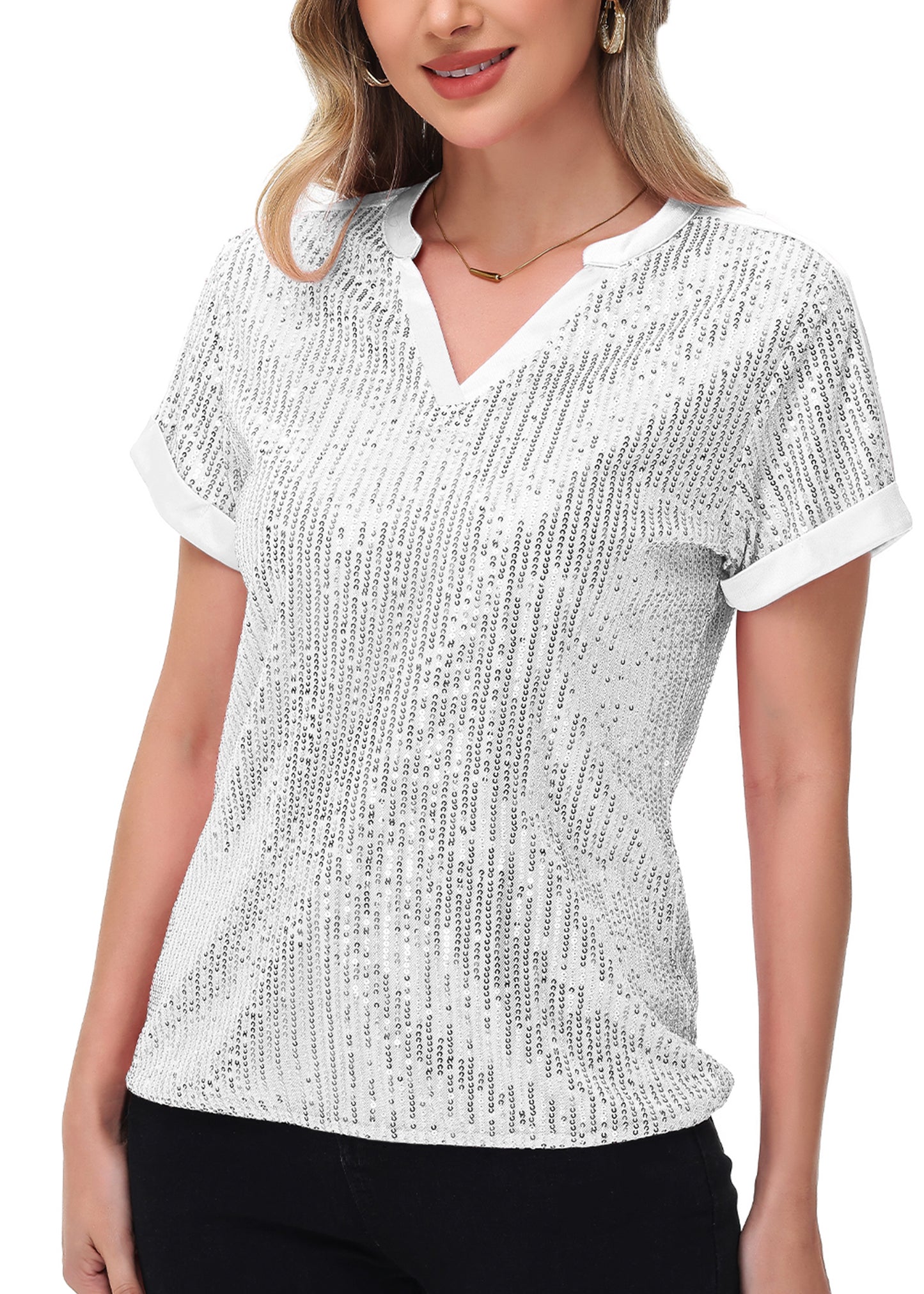 Anna-Kaci Women's Sequin Top Shirt Short Sleeve with Satin V Neckline Glitter Party Tunic Blouse