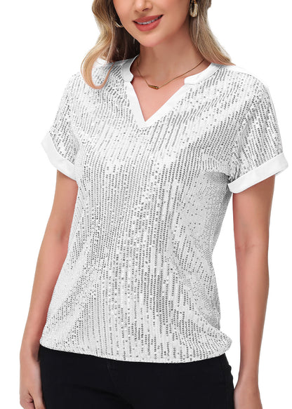 Anna-Kaci Women's Sequin Top Shirt Short Sleeve with Satin V Neckline Glitter Party Tunic Blouse