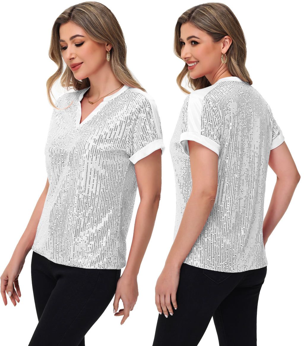 Anna-Kaci Women's Sequin Top Shirt Short Sleeve with Satin V Neckline Glitter Party Tunic Blouse