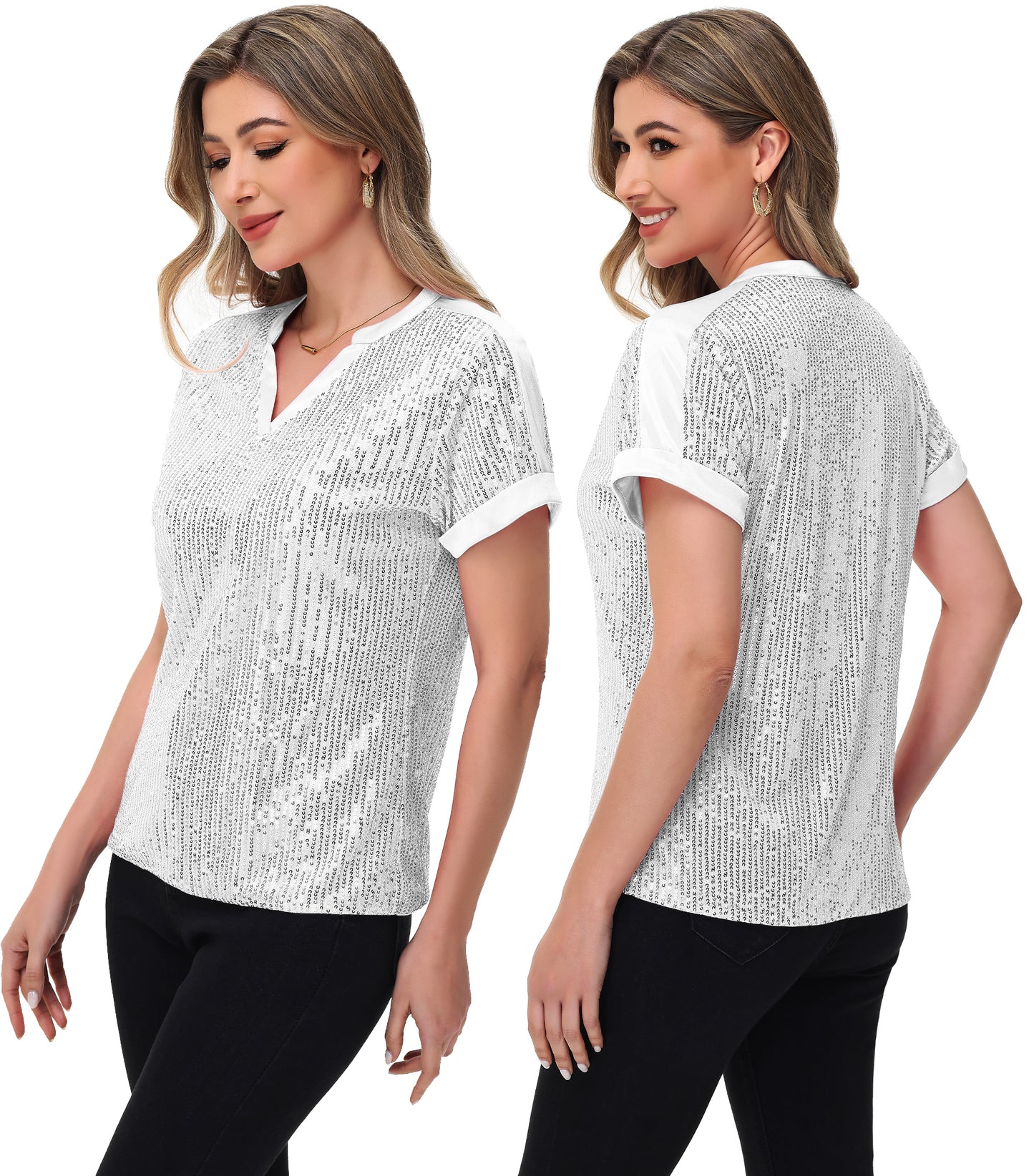 Anna-Kaci Women's Sequin Top Shirt Short Sleeve with Satin V Neckline Glitter Party Tunic Blouse