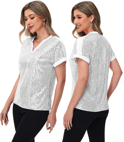 Anna-Kaci Women's Sequin Top Shirt Short Sleeve with Satin V Neckline Glitter Party Tunic Blouse
