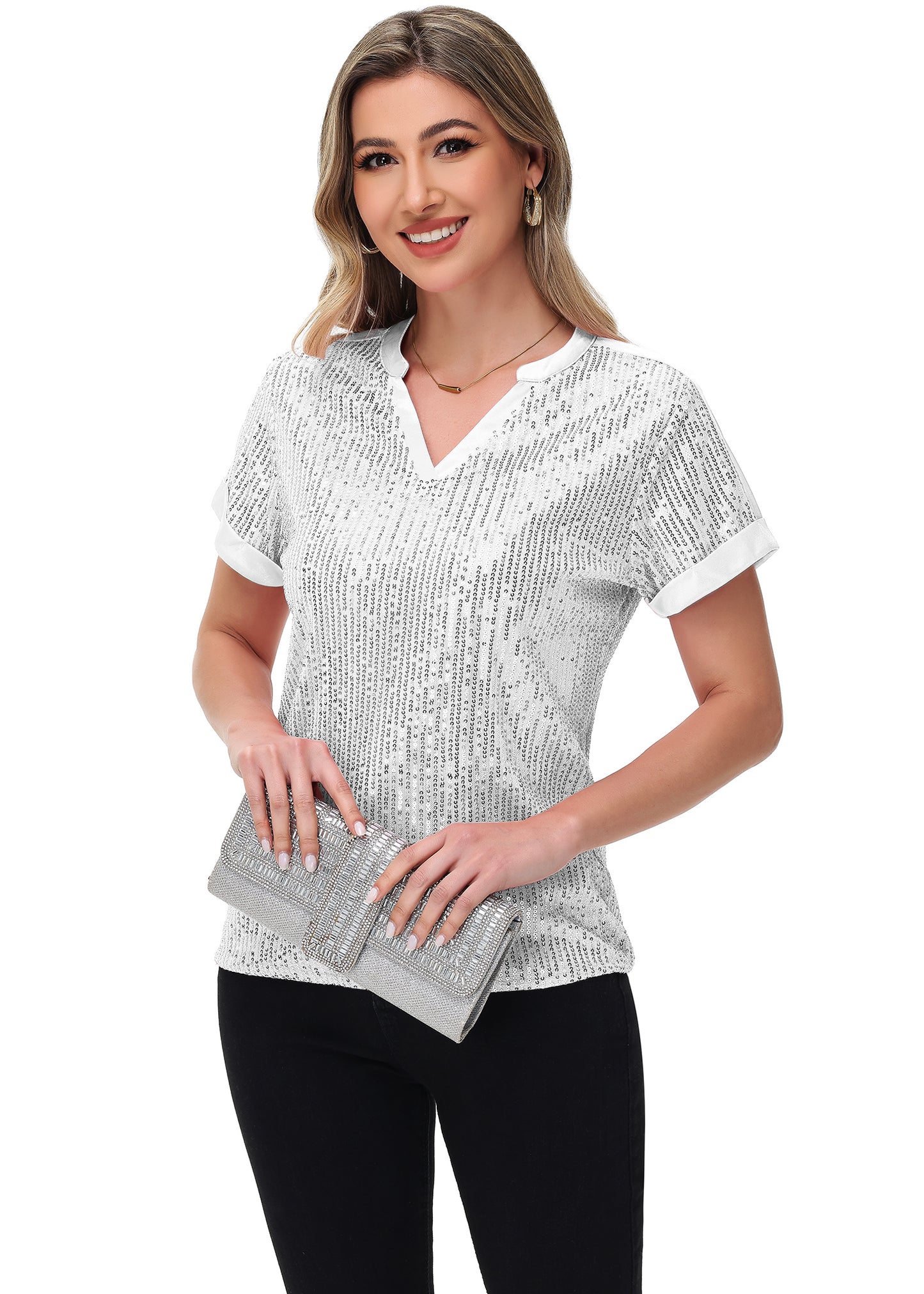 Anna-Kaci Women's Sequin Top Shirt Short Sleeve with Satin V Neckline Glitter Party Tunic Blouse