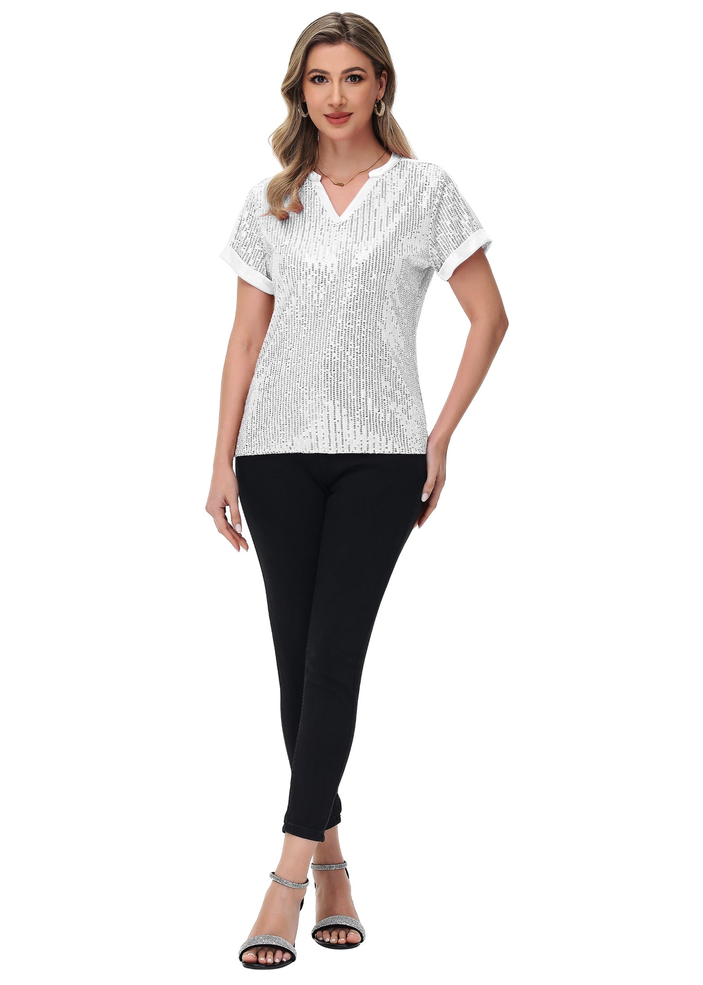 Anna-Kaci Women's Sequin Top Shirt Short Sleeve with Satin V Neckline Glitter Party Tunic Blouse