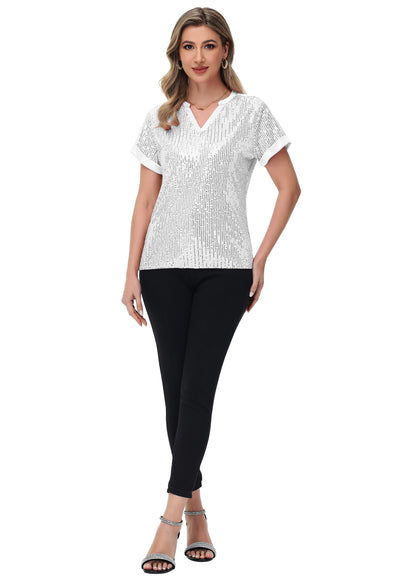 Anna-Kaci Women's Sequin Top Shirt Short Sleeve with Satin V Neckline Glitter Party Tunic Blouse