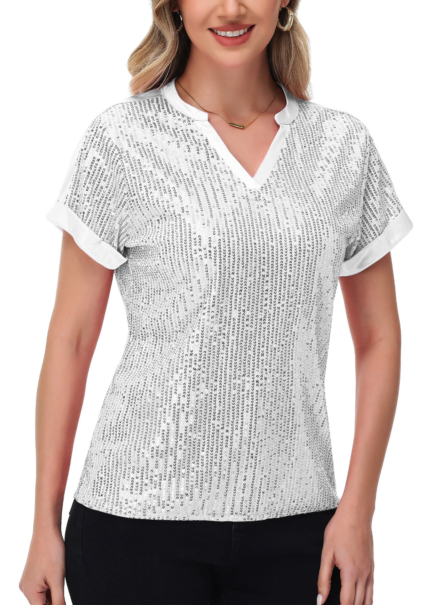 Anna-Kaci Women's Sequin Top Shirt Short Sleeve with Satin V Neckline Glitter Party Tunic Blouse