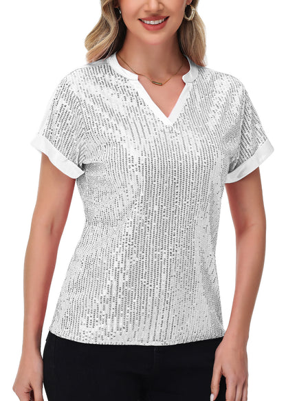 Anna-Kaci Women's Sequin Top Shirt Short Sleeve with Satin V Neckline Glitter Party Tunic Blouse
