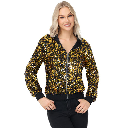 Anna-Kaci Women's Zip-Up Hoodie Jacket with Allover Sequin Embellishments and Ribbed Trim