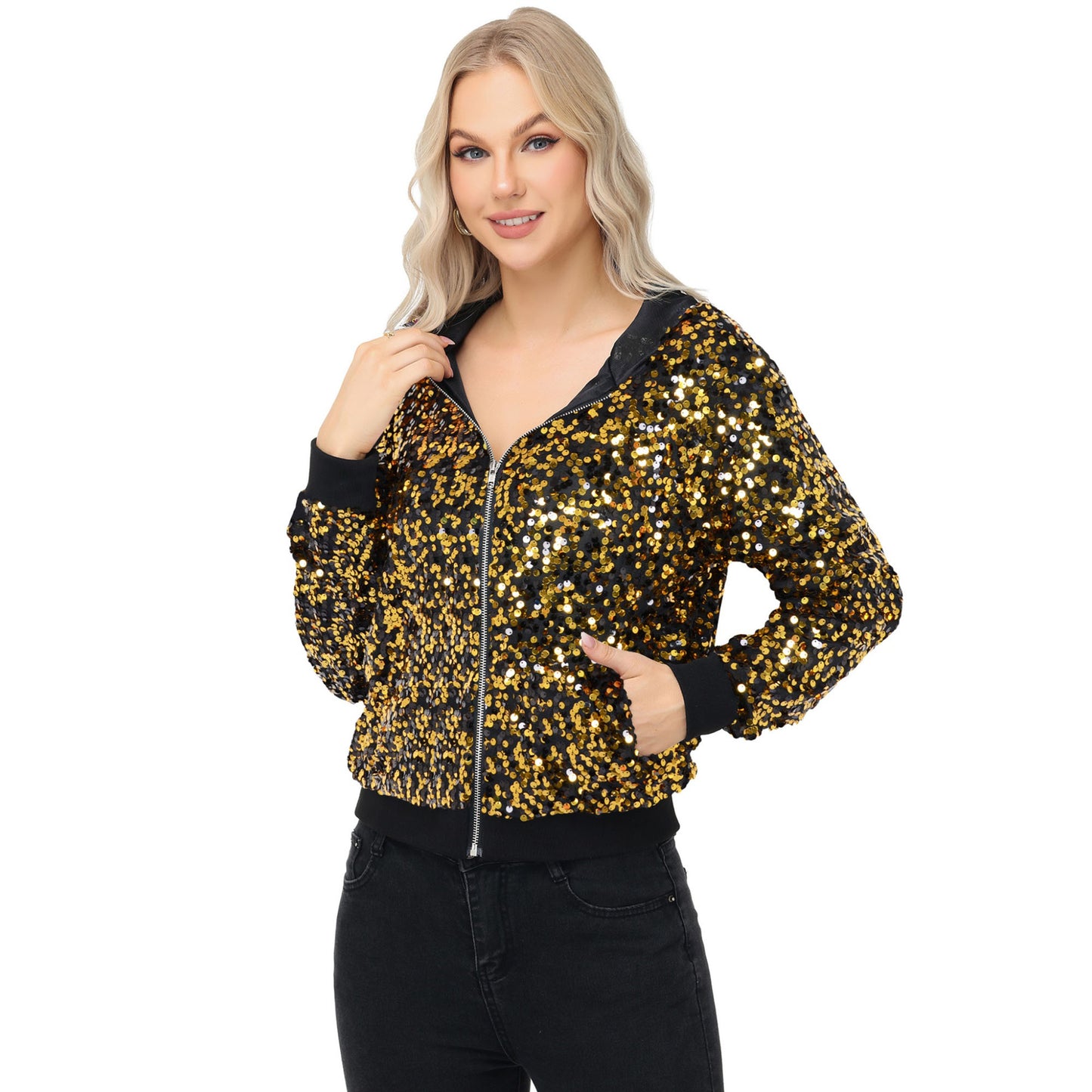 Anna-Kaci Women's Zip-Up Hoodie Jacket with Allover Sequin Embellishments and Ribbed Trim