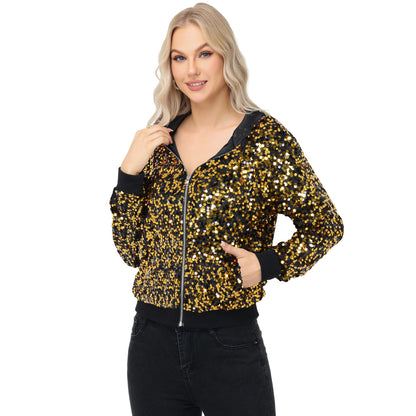 Anna-Kaci Women's Zip-Up Hoodie Jacket with Allover Sequin Embellishments and Ribbed Trim
