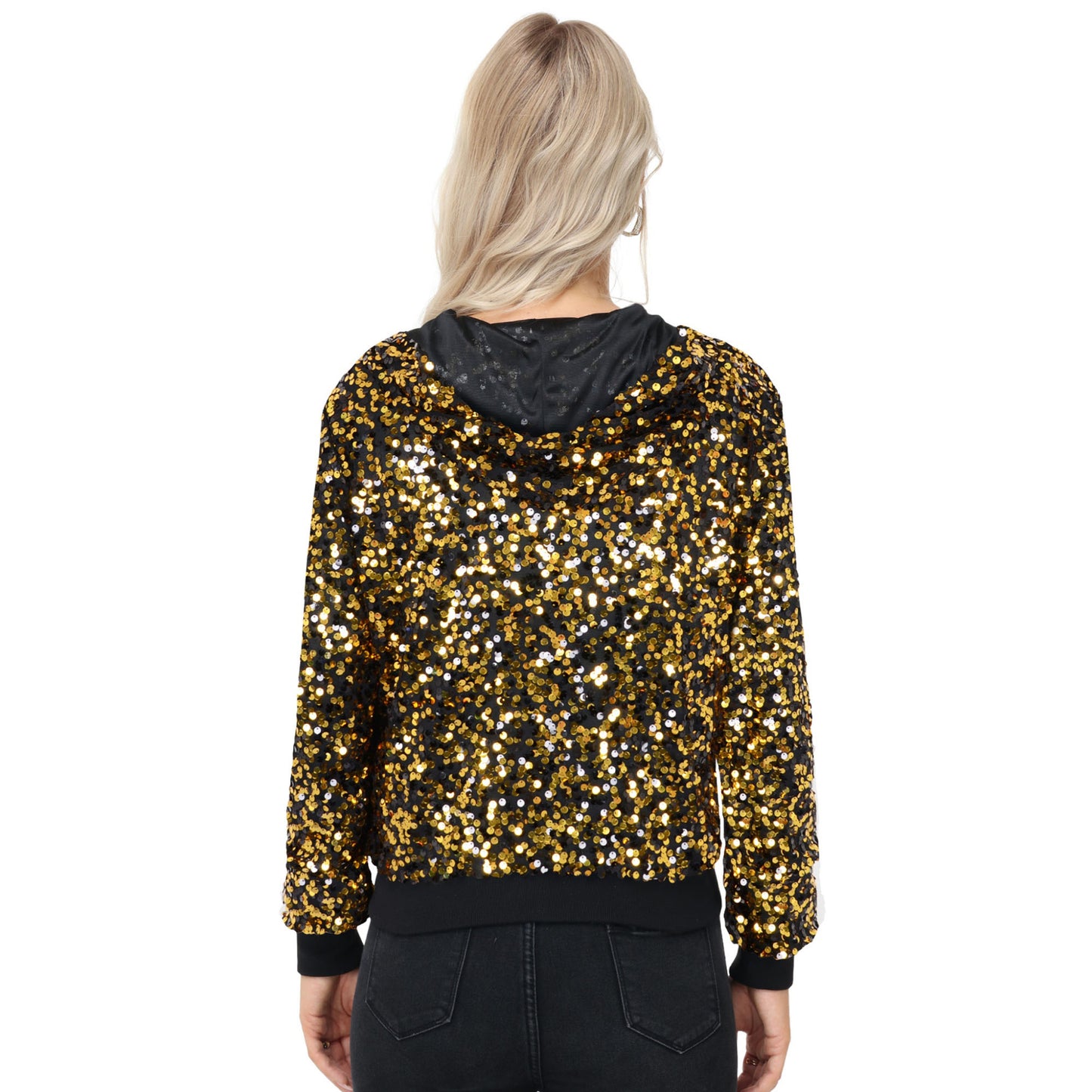 Anna-Kaci Women's Zip-Up Hoodie Jacket with Allover Sequin Embellishments and Ribbed Trim