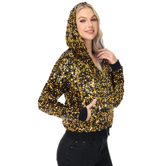Anna-Kaci Women's Zip-Up Hoodie Jacket with Allover Sequin Embellishments and Ribbed Trim